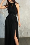 Платье макси с американской проймой из фатина с разрезом (Черное)    - фото 