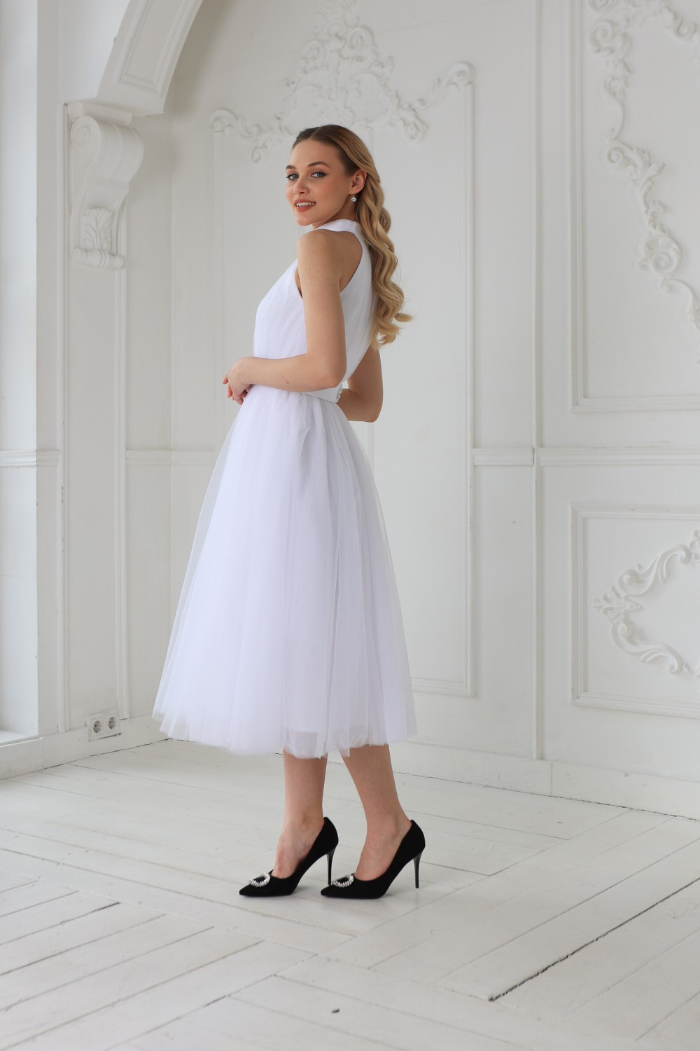 Фатиновое платье с американской проймой (Белое)   - фото